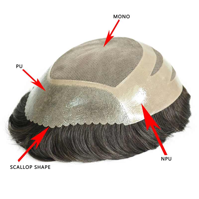 Elegant Hair fine mono with PU perimeter and cut scallop design stock toupee hair piece