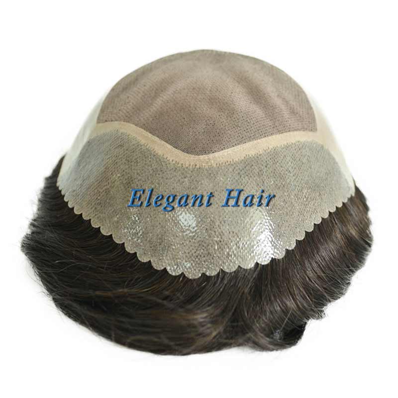 Elegant Hair fine mono with PU perimeter and cut scallop design stock toupee hair piece