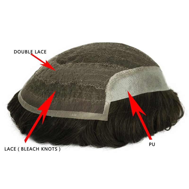 Elegant Hair swiss Lace with 1'' PU Back and Sides Double Layer Lace Front Men's Hairpieces
